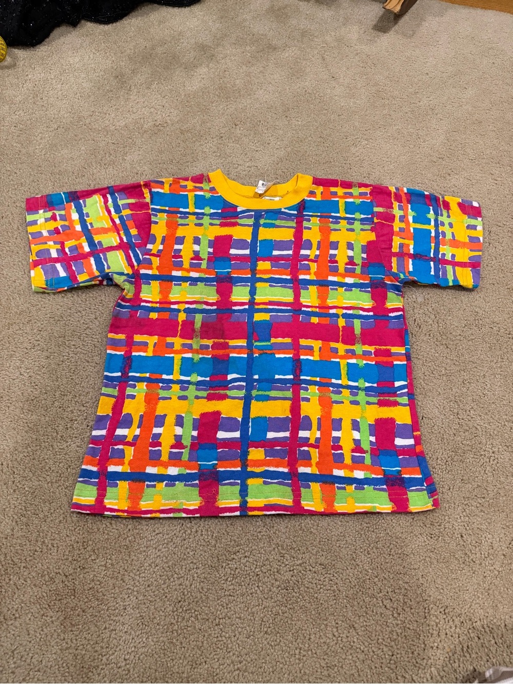 Vintage Multicolor Plaid Tee with Yellow Trim